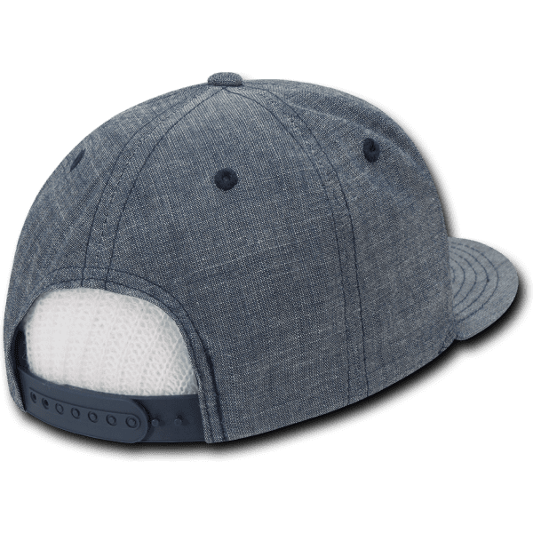A structured snapback cap in navy featuring a mesh back and an adjustable strap, with a logo on the side.