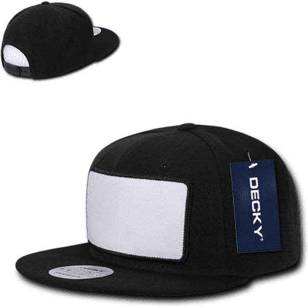 A black high profile structured snapback cap with a white patch. The cap features a logo and a swing tag.
