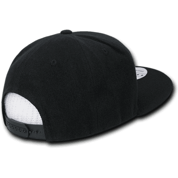 A black high-profile structured snapback cap featuring a mesh back and a logo.