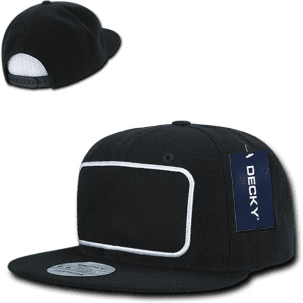 A black structured snapback cap featuring a patch area and a branded tag, with a profile view visible.