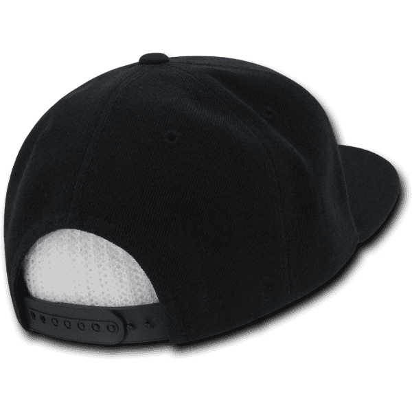 A black high profile structured snapback cap featuring a back mesh panel and an adjustable strap.