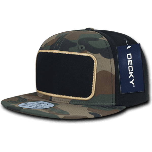 A camo-patterned snapback cap featuring a large patch area and a logo tag on the side.