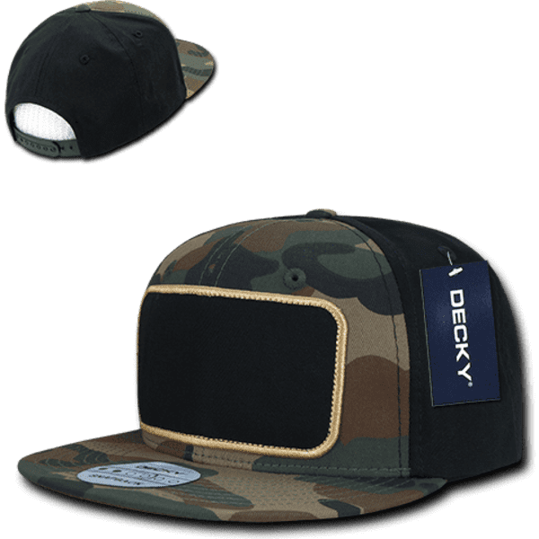 A camo-patterned snapback cap featuring a structured high profile and a patch area on the front. It has a logo tag.