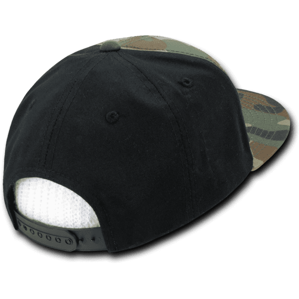 A high-profile structured snapback cap in black with a camouflage panel and mesh back. Features an adjustable snap closure.