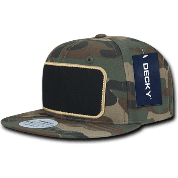 A camo-patterned snapback cap with a blank patch on the front and a logo tag on the side.