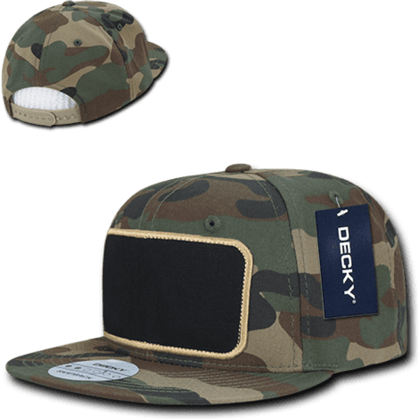 A camo-patterned snapback cap featuring a structured high profile and a patch area, with a branding tag.