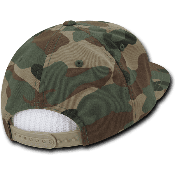 A camouflage-patterned snapback cap featuring a structured high profile design and a mesh back.