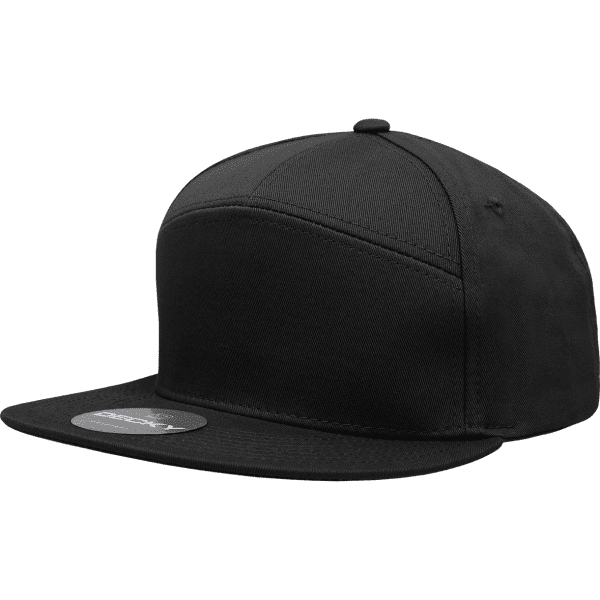 A black 7 panel high profile structured cap with a flat brim and a logo on the front.