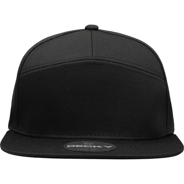 A structured black cap featuring a 7-panel design, with a flat brim and a logo on the front.