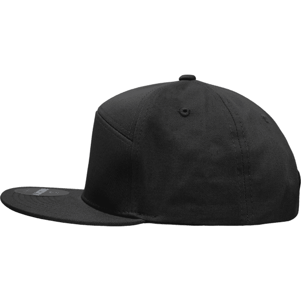 A black structured cap with a high profile and a flat brim, featuring a logo on the side.