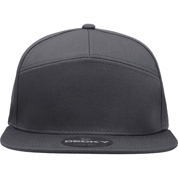 A high-profile structured cap in dark grey, featuring a flat brim and a logo on the front.