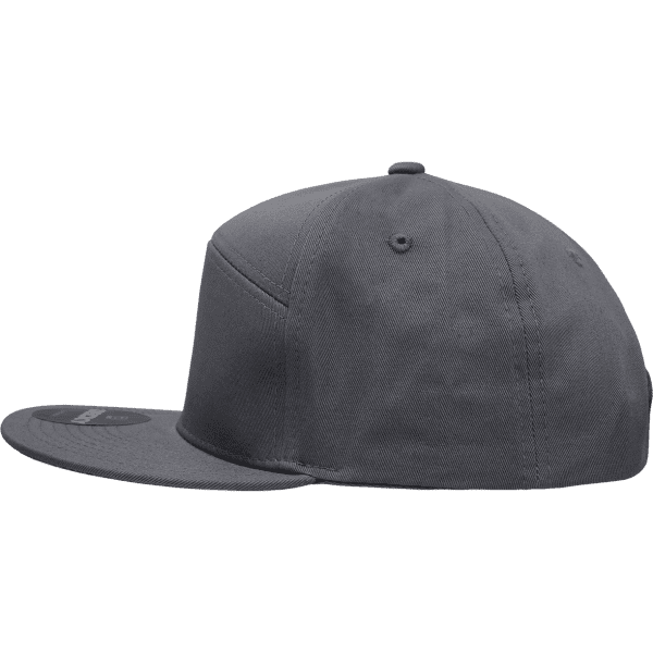 A grey 7 panel high profile structured cap featuring a logo on the side, presented from a side angle.