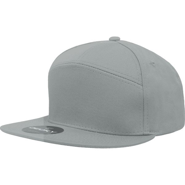 A grey 7 panel cap made of cotton/poly blend with a branded tag on the side.