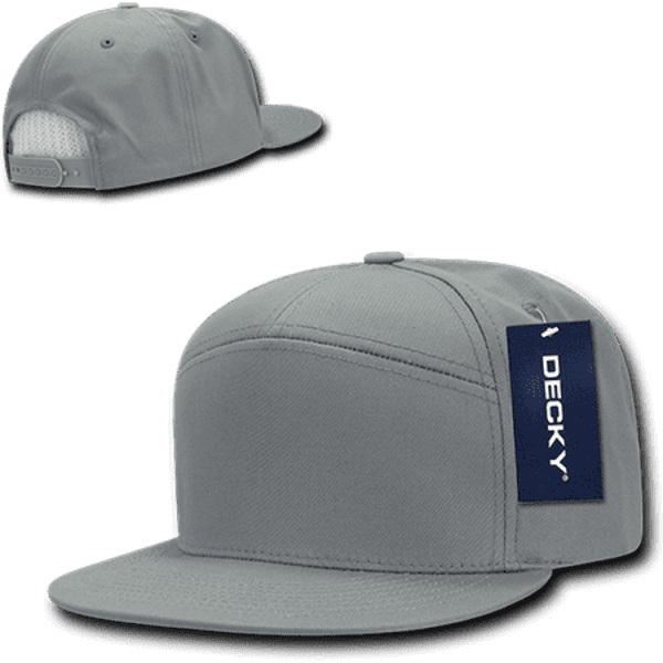 A grey 7 panel high profile structured cap with a branded tag and mesh detailing on the back.