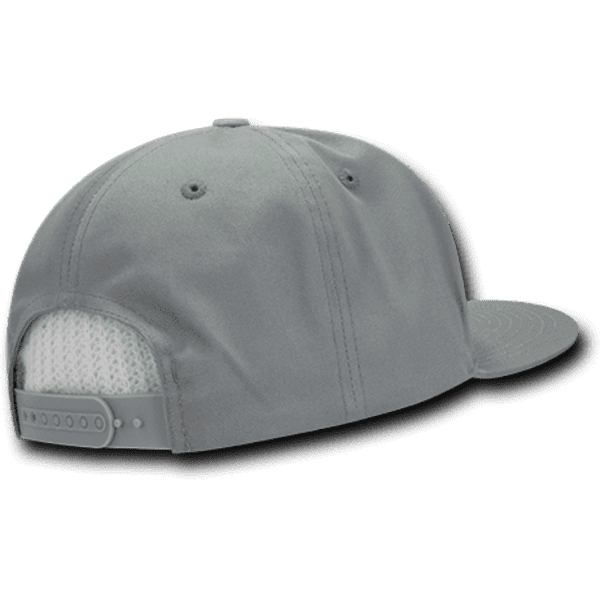 A grey 7 panel high profile structured cap with a mesh backing and adjustable strap at the back.