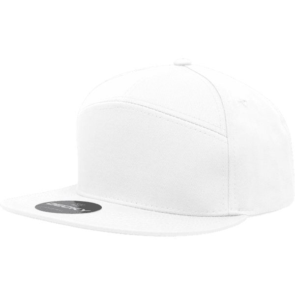 A white 7 panel high pro cotton/poly blend cap with a flat brim and a branding logo.