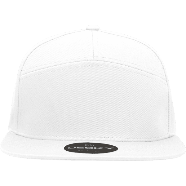 A structured cap in white with a flat brim and a logo on the front.