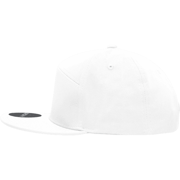 A white 7-panel high profile structured cap featuring a curved brim and a logo on the side.
