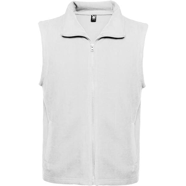 A light grey fleece vest with a zip front and a collar, featuring a small logo.