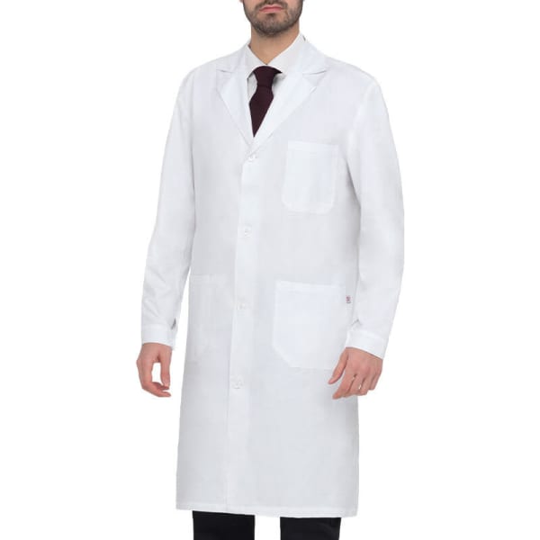 A white lab coat with a collar and two front pockets, worn by a man. The coat has a branding logo.