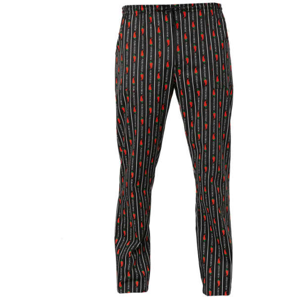 A pair of black pants with vertical stripes and red floral patterns, featuring an elastic waistband.