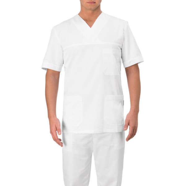 A white tunic with short sleeves, featuring two front pockets and a V-neck design. It includes a logo on the chest.