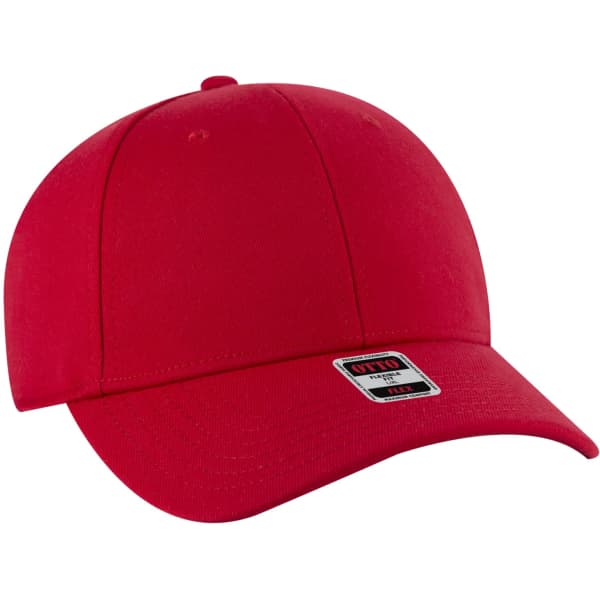 A red low-profile baseball cap with a curved brim and a logo on the front.