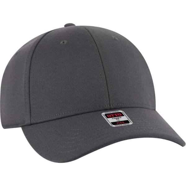 A grey low profile style baseball cap featuring a curved brim and a logo on the front.