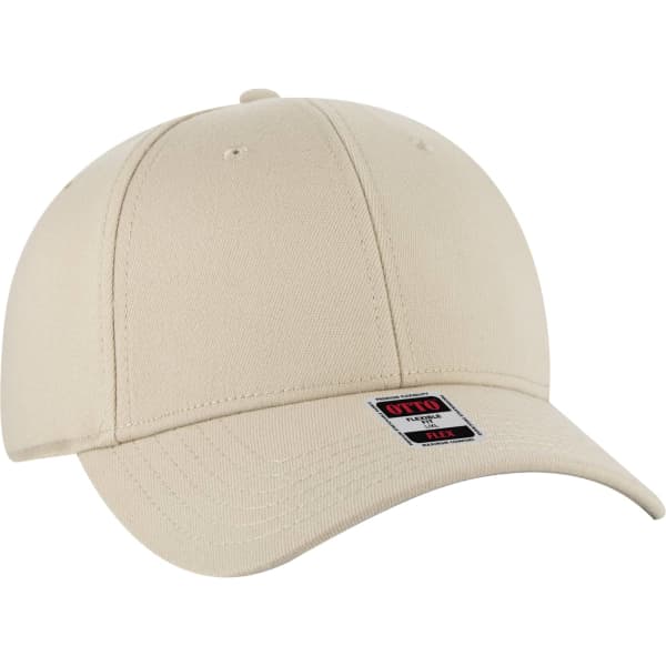 A beige low profile baseball cap with a curved brim and a logo on the front.