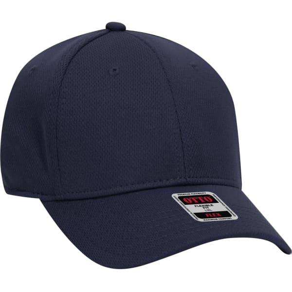 A navy blue cap with a structured six-panel design and a logo on the front.