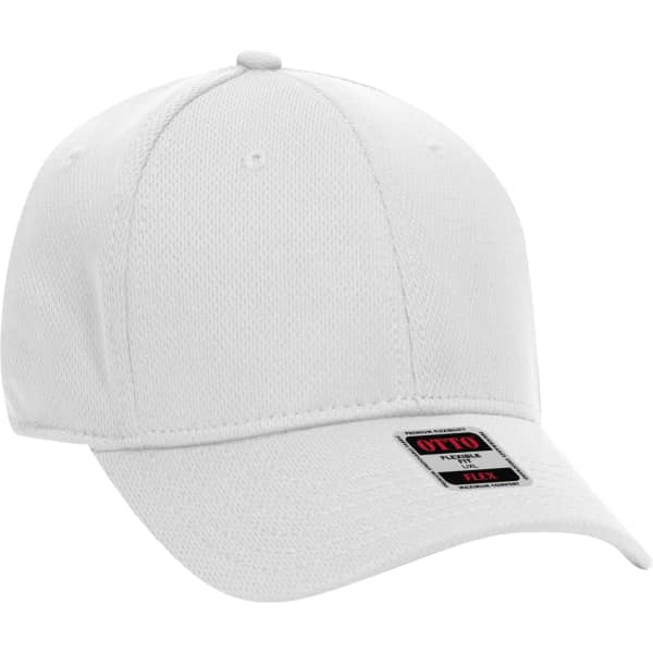 A white cap featuring a branded label, designed with a six-panel structure for comfort.