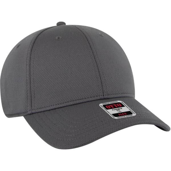 A grey cap with a curved brim and a logo, featuring a flexible design.