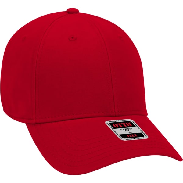A red Otto Flex 6 Panel Baseball cap with a round crown and a curved brim, featuring a logo.
