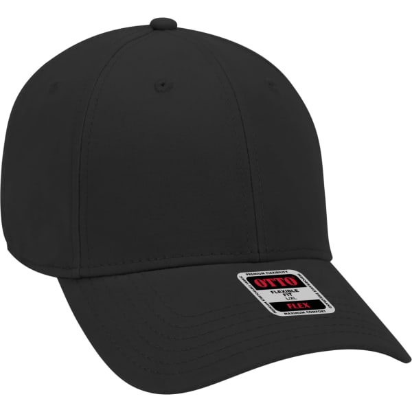 A black six-panel baseball cap with a branded tag. Features a flexible fit design.