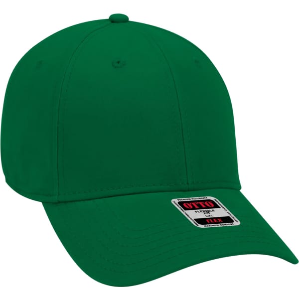 A green Otto Flex 6 Panel Baseball cap with a branded tag. The cap features a classic design and smooth finish.