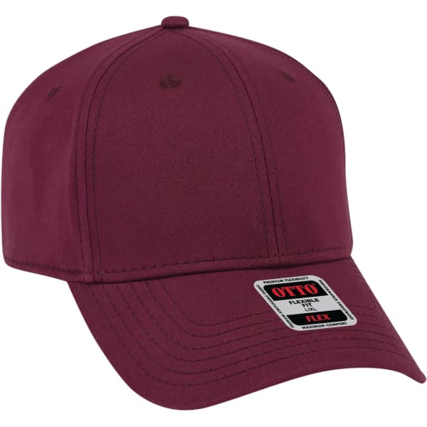 A maroon six-panel baseball cap featuring a logo, designed for comfort with a flexible fit.
