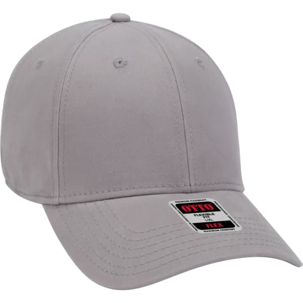 A grey six-panel baseball cap with a curved brim and an adjustable fit, featuring a branding logo.