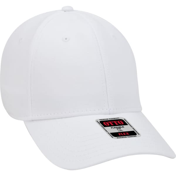 A white baseball cap with a six-panel design and a flex fit. It features a branded label on the side.