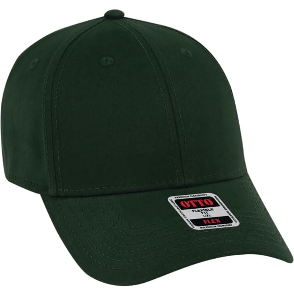 A dark green six-panel baseball cap with a branded tag. The design features a classic curved brim.