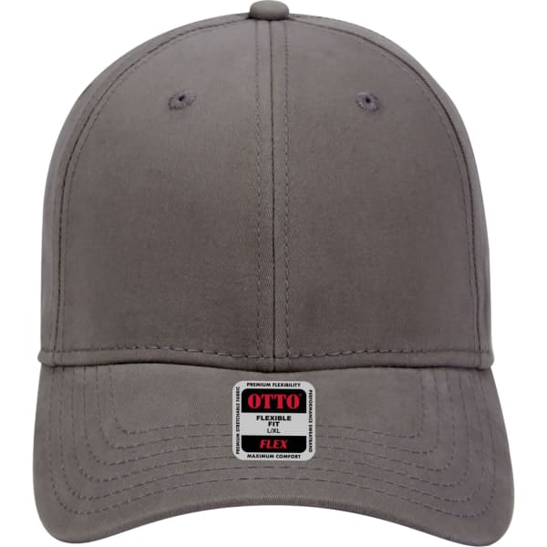 A grey six-panel baseball cap with a flexible design and a logo on the front.
