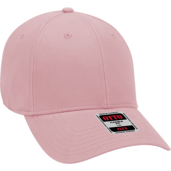 A pink six-panel baseball cap featuring a branded logo on the front. The cap has a flexible fit design.