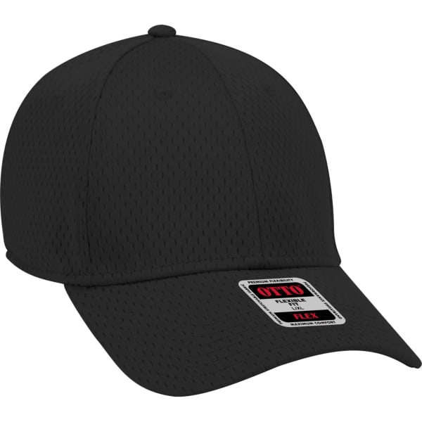 A black six-panel baseball cap featuring a flexible fit design and a logo on the front.