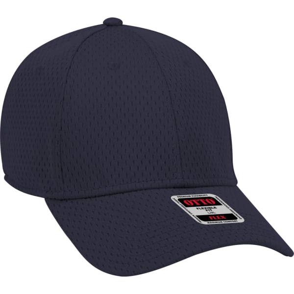 A navy blue six-panel baseball cap featuring a flexible design and a branded logo.