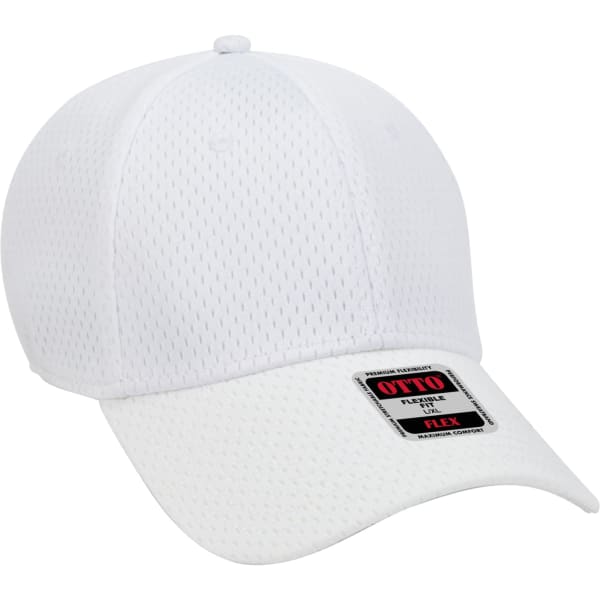 A white six-panel baseball cap made of breathable mesh fabric, featuring a logo on the front.