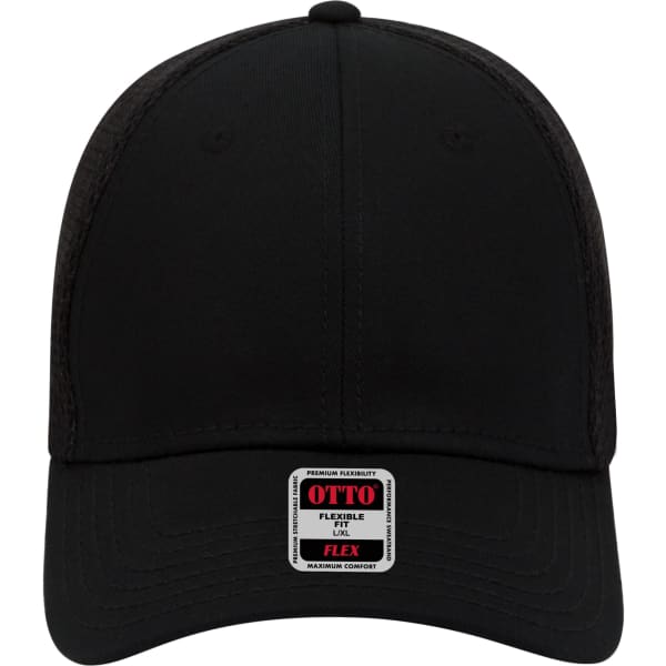 A black low-profile six-panel baseball cap featuring a logo on the front. The design includes mesh panels at the back.
