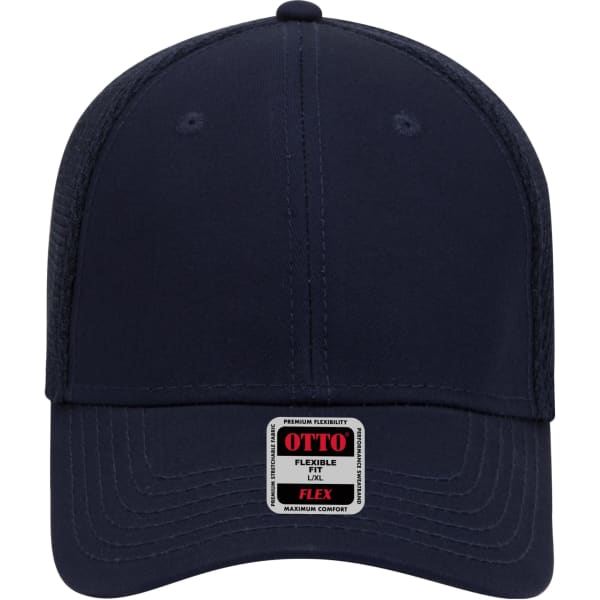 A navy blue low profile baseball cap with a flexible fit, featuring a logo tag on the front.