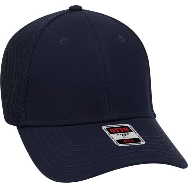 A navy blue six-panel baseball cap featuring mesh panels and a logo.