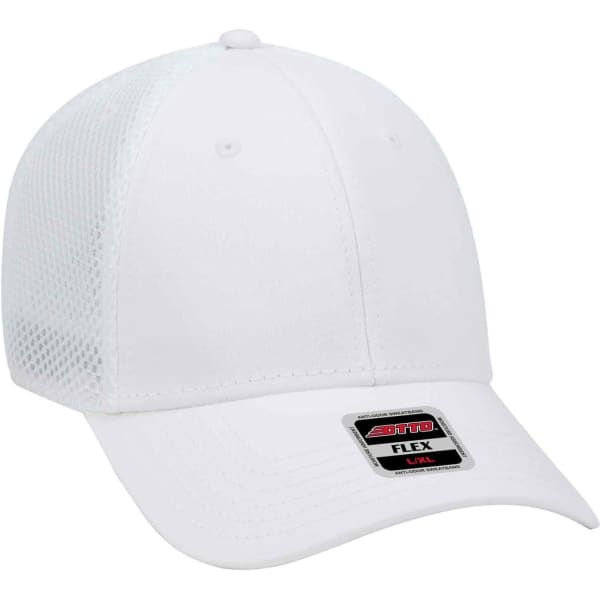 A white six-panel baseball cap featuring a mesh back and a logo on the front.