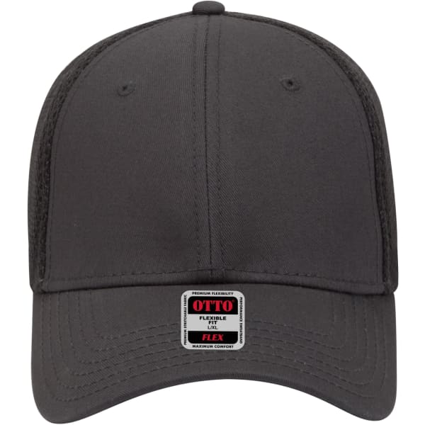 A dark grey 6 panel low profile baseball cap with a flexible fit and a logo on the front.