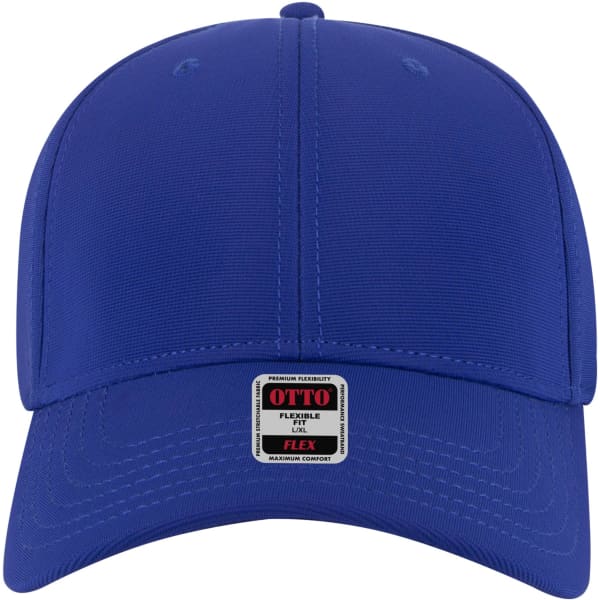 A blue 6 panel low profile baseball cap with a flexible fit and a logo on the front.